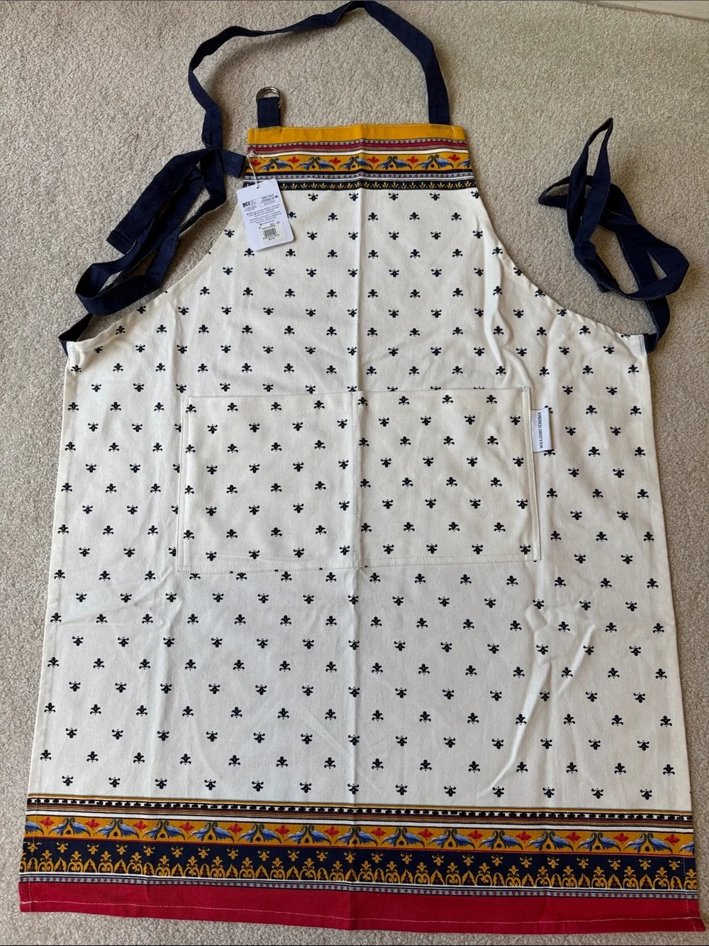 NEW Williams Sonoma White & Navy Fleur Kitchen Cotton Set with Multicolor Border